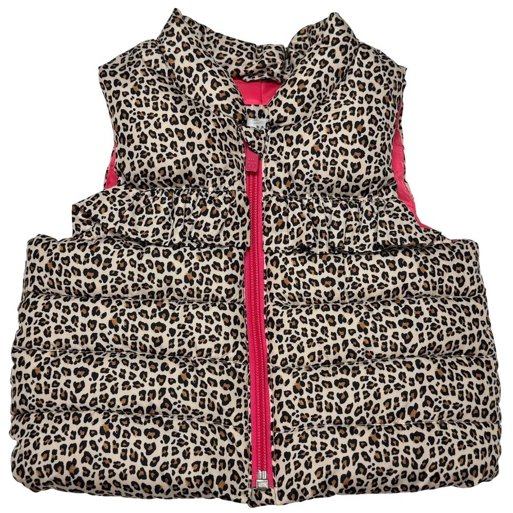 Baby Gap Girls Puffer Vest Leopard Print Ruffle 6-12 Months Tan Pink Polyester